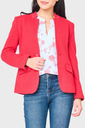Woman modeling Notch Collar Blazer in Red Lipstick styled for work and weekends