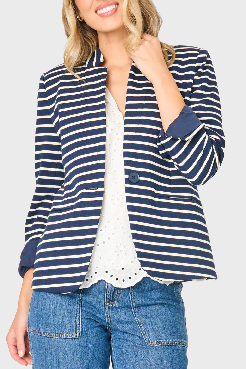 Striped Notch Collar Blazer in Navy Ivory Stripe