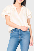 woman modeling Double Flutter On The Daily Top in Tan stripe styled for everyday