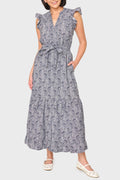 woman modeling Notch Neck Flutter Sleeve Maxi Dress in midnight vine floral styled for work and summer occasions